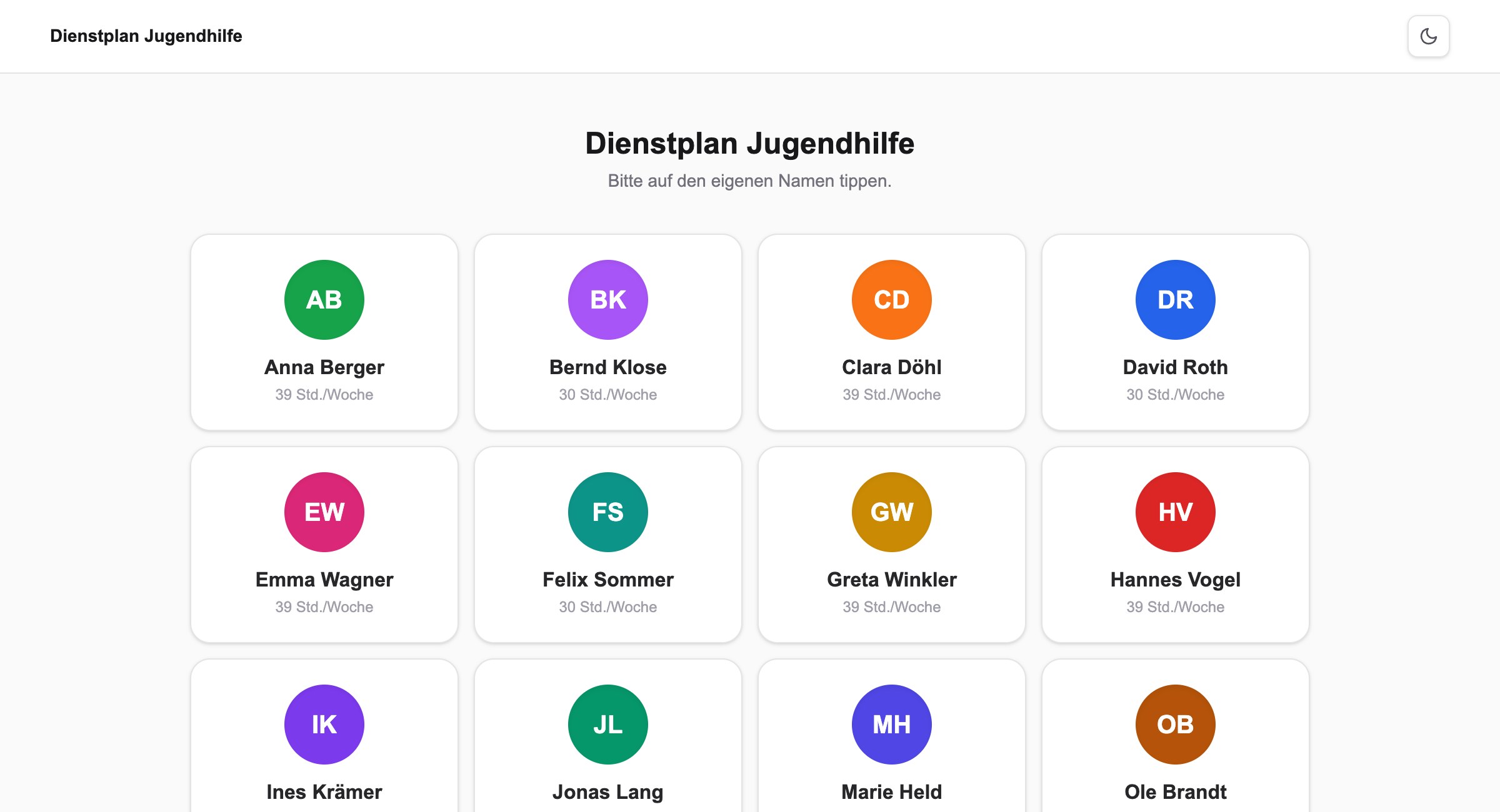 Anmeldung: jede Person tippt ihre Namenskachel an, die Verwaltung meldet sich mit Passwort an